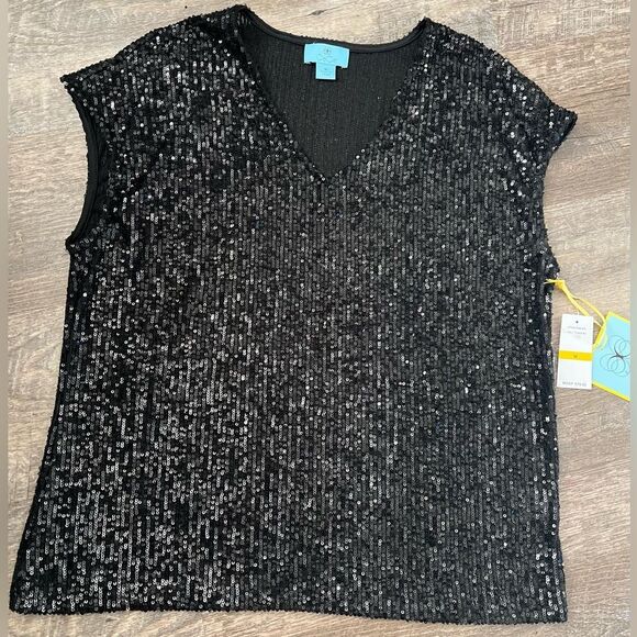CeCe Sequined V-Neck Cap-Sleeve Black Blouse-Size Medium - Picture 1 of 7